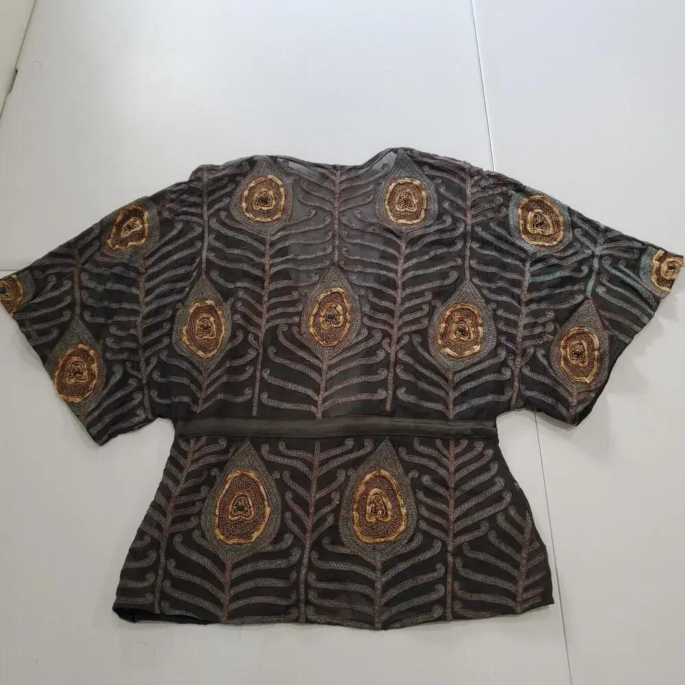 Elegant Black and Gold Beaded Women's Jacket with Peacock Feather Pattern - Picture 2 of 10